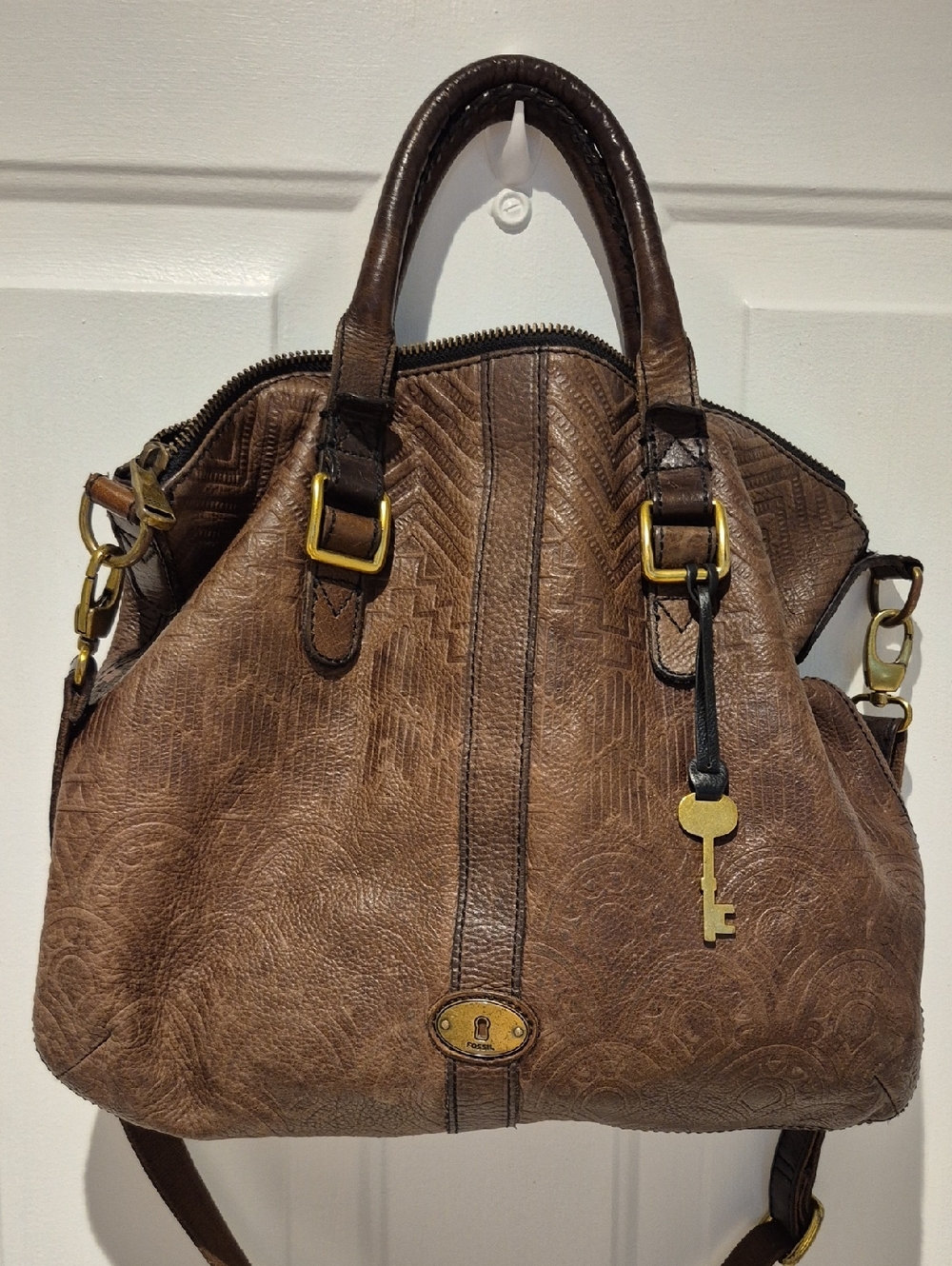 Fossil Embossed Brown Leather Shoulder Satchel with Key Charm